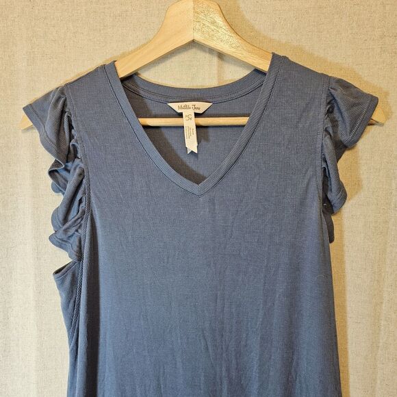 Matilda Jane Far Away Flutter Sleeve Blue Gray Midi Sheath Dress Women S *FLAW* - Picture 2 of 8